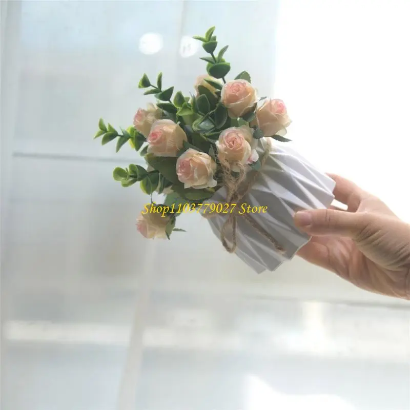 C4DF Artificial Rose Flowers Potted Plant Faux Florals and Greenery in Small Vase for Home and Office Table Book Shelf Decors