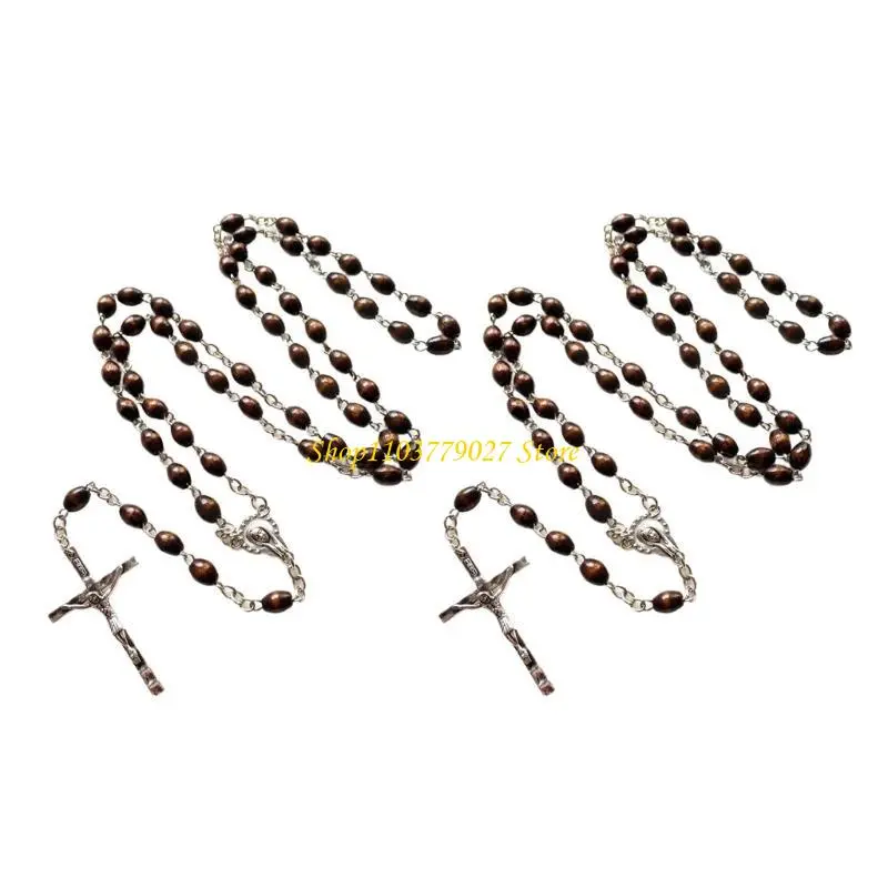 C4DF Set of 2 Prayer Beads Chain Rosary Necklaces with Crucifix Crosses Pendant Christians Religious Communion Gift