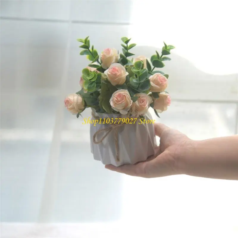 C4DF Artificial Rose Flowers Potted Plant Faux Florals and Greenery in Small Vase for Home and Office Table Book Shelf Decors