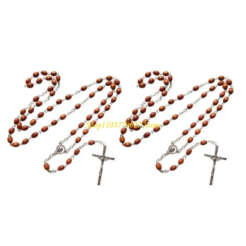 C4DF Set of 2 Prayer Beads Chain Rosary Necklaces with Crucifix Crosses Pendant Christians Religious Communion Gift