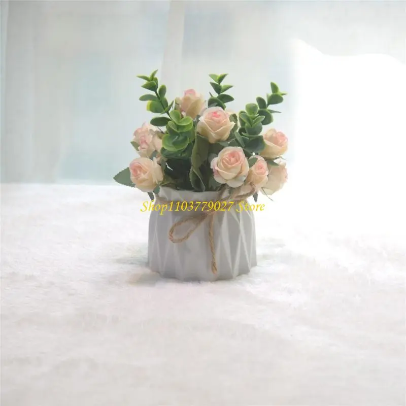 C4DF Artificial Rose Flowers Potted Plant Faux Florals and Greenery in Small Vase for Home and Office Table Book Shelf Decors