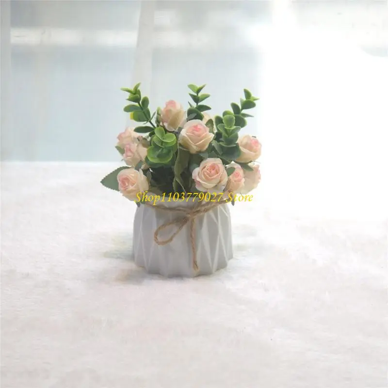 C4DF Artificial Rose Flowers Potted Plant Faux Florals and Greenery in Small Vase for Home and Office Table Book Shelf Decors