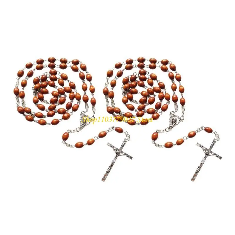 C4DF Set of 2 Prayer Beads Chain Rosary Necklaces with Crucifix Crosses Pendant Christians Religious Communion Gift