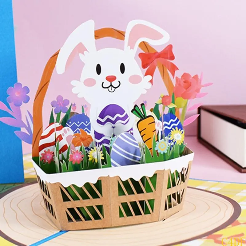C4DF 3D for Pop Up Cards Happy Easter Greeting Cards Bunny Flower Basket Postcards with Envelope for Easter Day