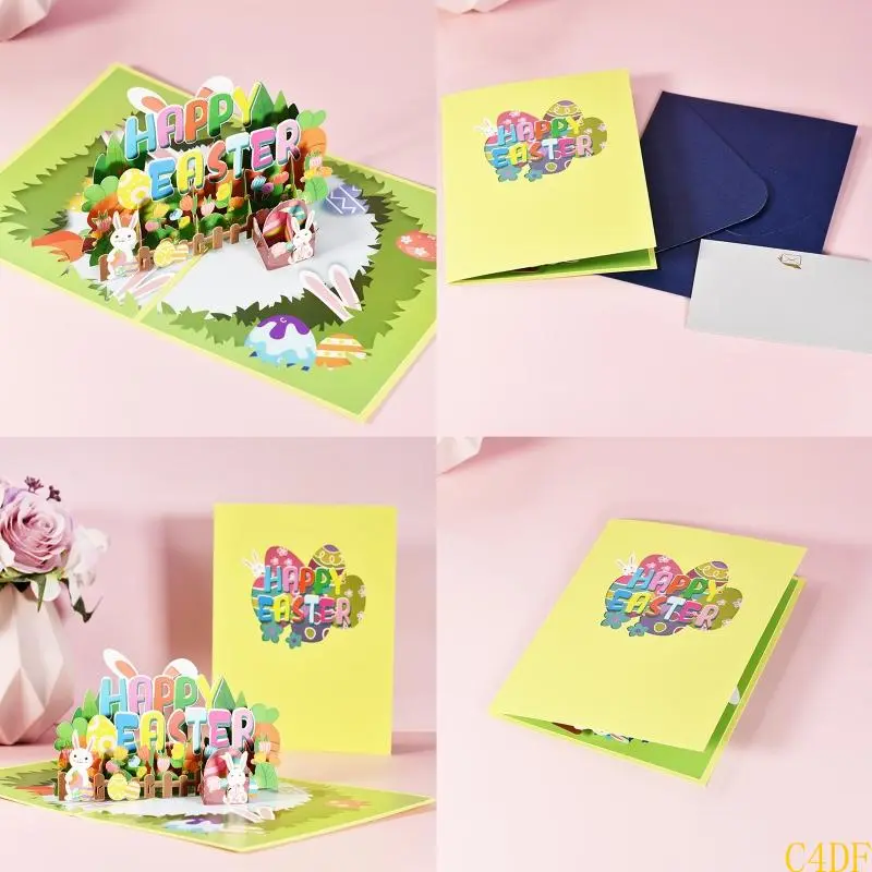 C4DF 3D for Pop Up Cards Happy Easter Greeting Cards Bunny Flower Basket Postcards with Envelope for Easter Day