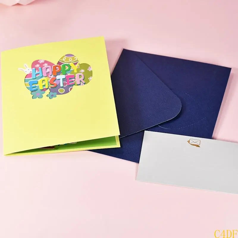 C4DF 3D for Pop Up Cards Happy Easter Greeting Cards Bunny Flower Basket Postcards with Envelope for Easter Day