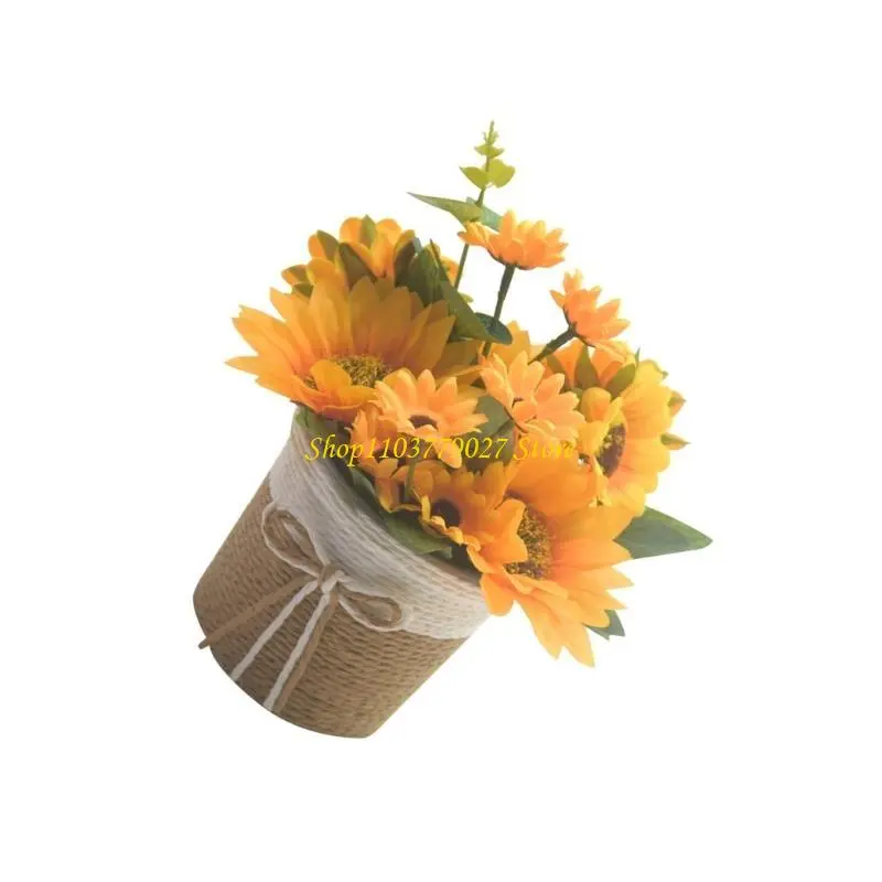 C4DF Realistic Artificial Sunflowers in Pots Faux Potted Plant for Book Shelf or Desk