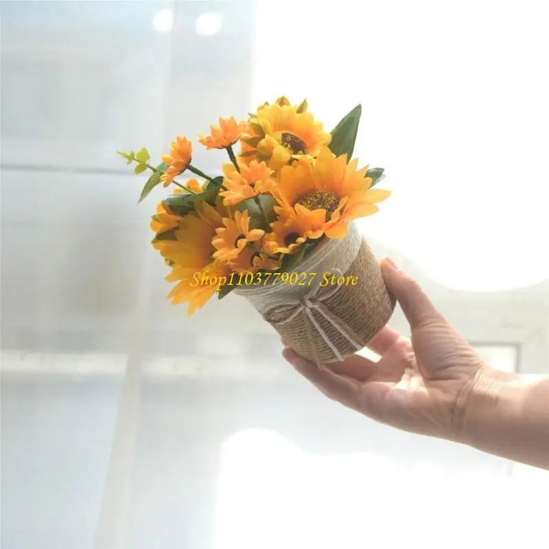 C4DF Realistic Artificial Sunflowers in Pots Faux Potted Plant for Book Shelf or Desk
