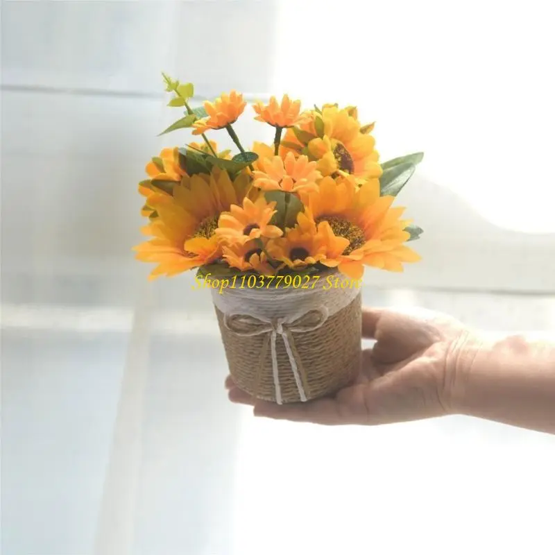 C4DF Realistic Artificial Sunflowers in Pots Faux Potted Plant for Book Shelf or Desk