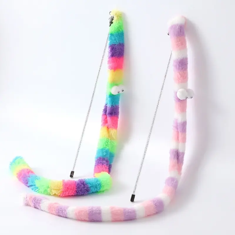 Cat Teaser Toy Interactive Kitten Wand Toy with Bell Long Plush Strip Toy for Indoor Kitten Playing Chasing Exercise