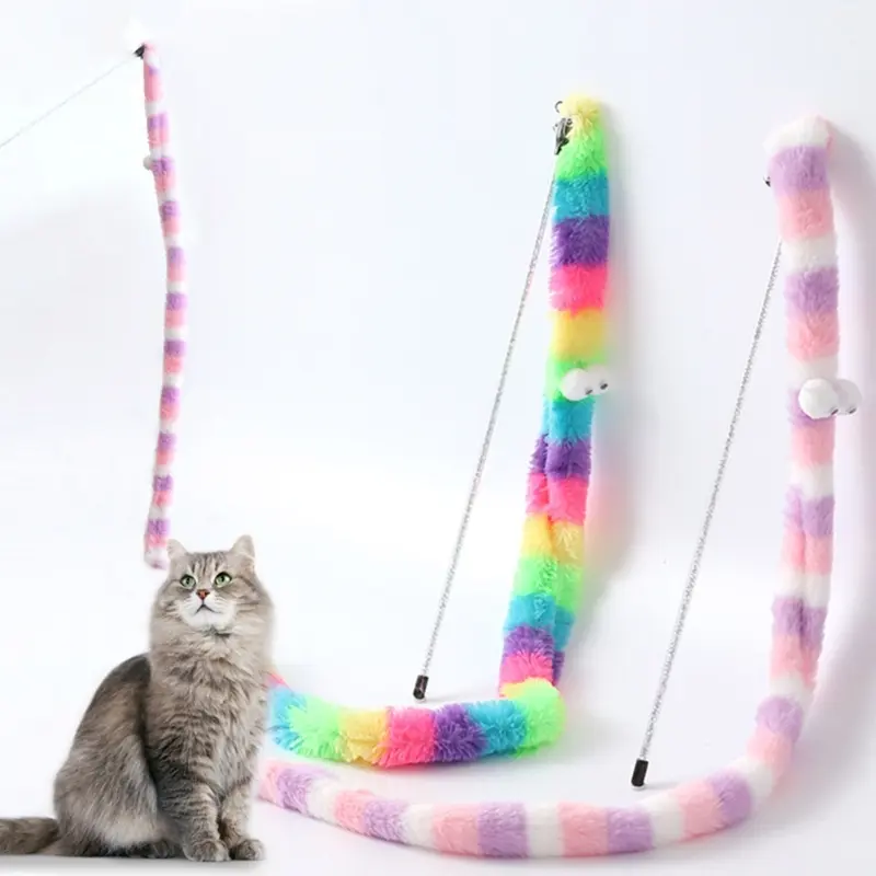 Cat Teaser Toy Interactive Kitten Wand Toy with Bell Long Plush Strip Toy for Indoor Kitten Playing Chasing Exercise
