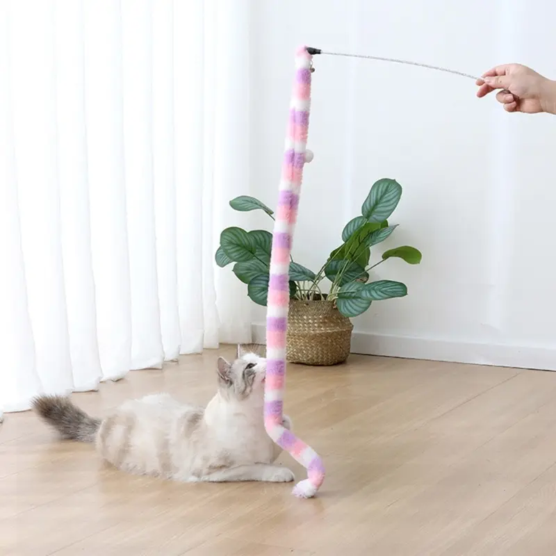Cat Teaser Toy Interactive Kitten Wand Toy with Bell Long Plush Strip Toy for Indoor Kitten Playing Chasing Exercise
