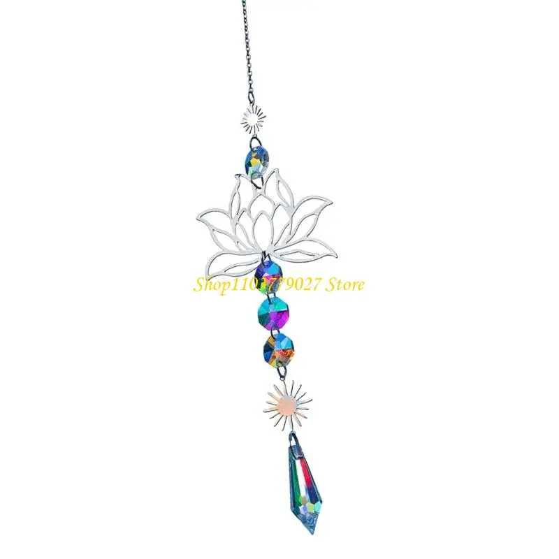 C4DF Crystal Glass Suncatchers Metal Flower Hanging Pendant for Home Garden Charm