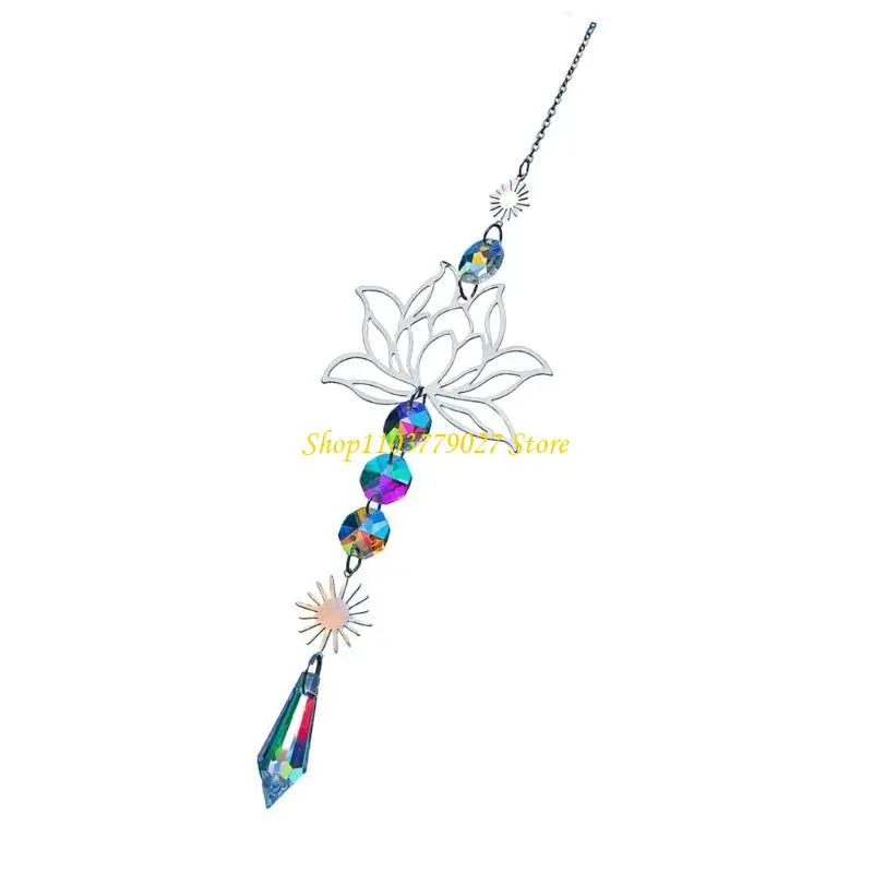 C4DF Crystal Glass Suncatchers Metal Flower Hanging Pendant for Home Garden Charm