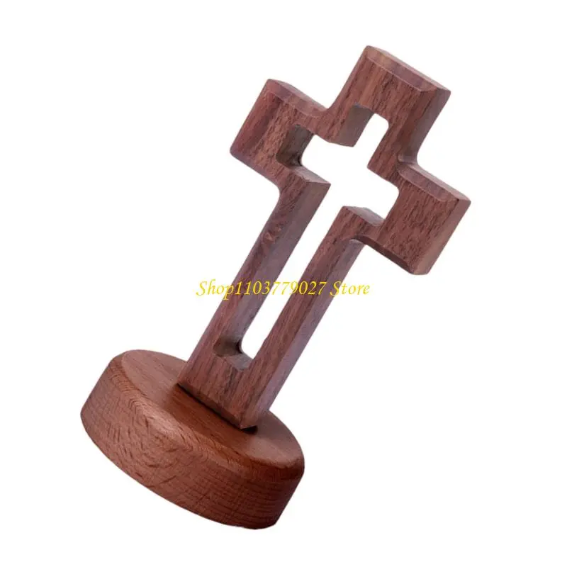 C4DF Solid Easters Crucifix Tabletop Display Church Altar Centerpieces Hollow Walnut Standing Crosses with Base