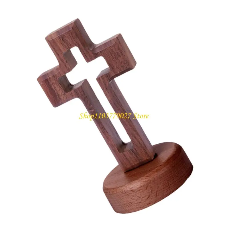 C4DF Solid Easters Crucifix Tabletop Display Church Altar Centerpieces Hollow Walnut Standing Crosses with Base