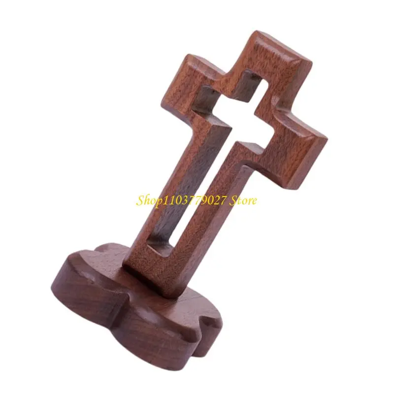 C4DF Solid Easters Crucifix Tabletop Display Church Altar Centerpieces Hollow Walnut Standing Crosses with Base