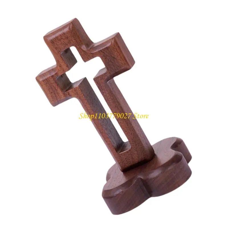 C4DF Solid Easters Crucifix Tabletop Display Church Altar Centerpieces Hollow Walnut Standing Crosses with Base