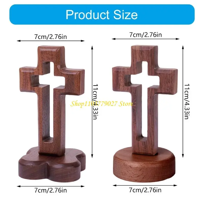 C4DF Solid Easters Crucifix Tabletop Display Church Altar Centerpieces Hollow Walnut Standing Crosses with Base