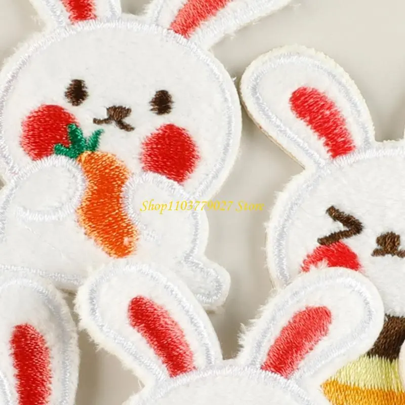 C4DF 6 Pcs Plush Rabbits Decorative Patches Lovely Animal Iron On Patches Embroidered Patches Repair Patches Sew On Patches