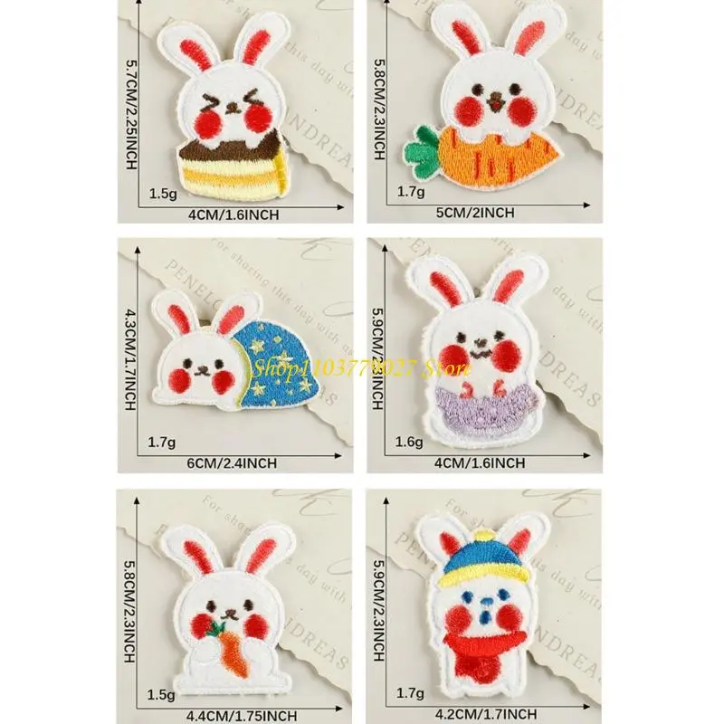 C4DF 6 Pcs Plush Rabbits Decorative Patches Lovely Animal Iron On Patches Embroidered Patches Repair Patches Sew On Patches