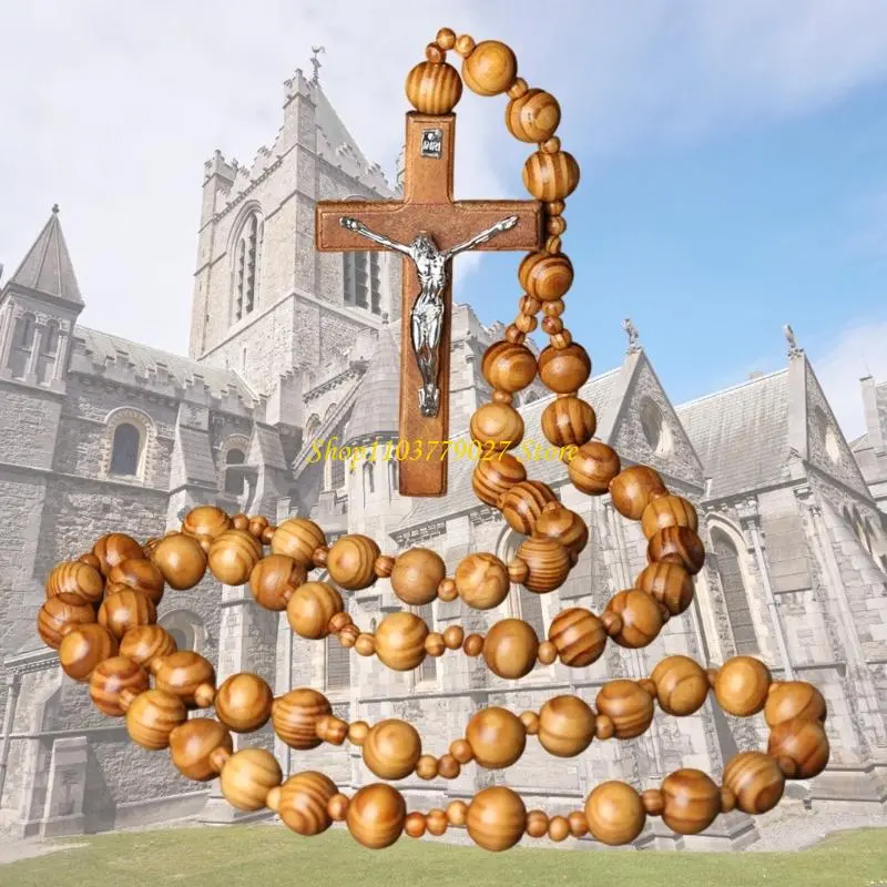 C4DF Traditional Catholic Rosary Beads Wall Display Handmade Crosses Pendants with 286cm Chain for Devotional Space