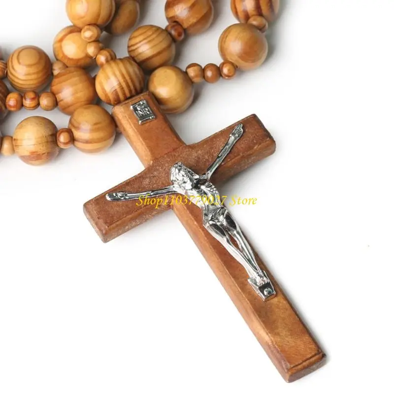 C4DF Traditional Catholic Rosary Beads Wall Display Handmade Crosses Pendants with 286cm Chain for Devotional Space