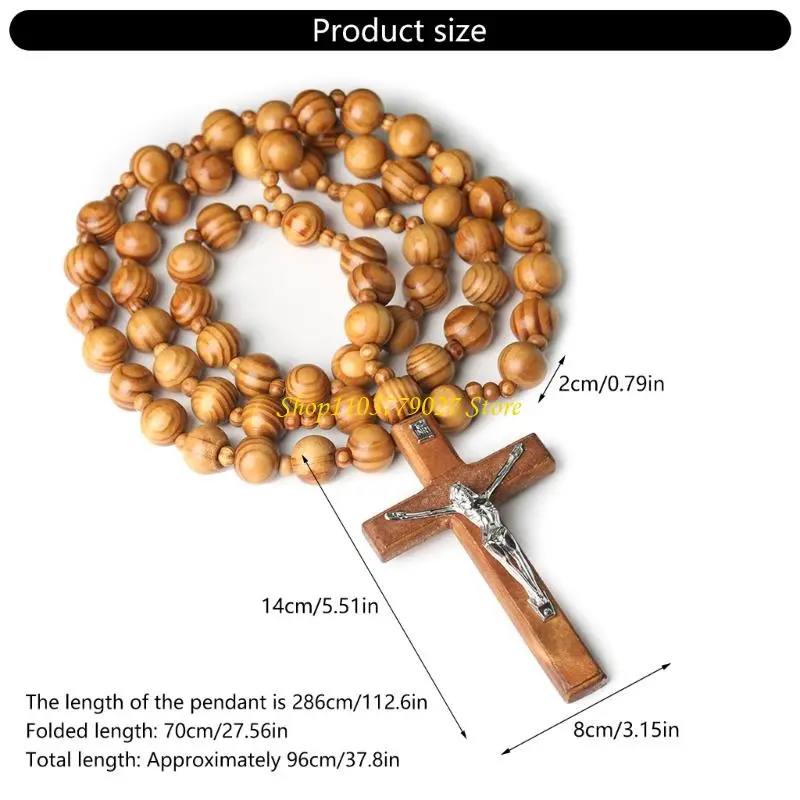 C4DF Traditional Catholic Rosary Beads Wall Display Handmade Crosses Pendants with 286cm Chain for Devotional Space