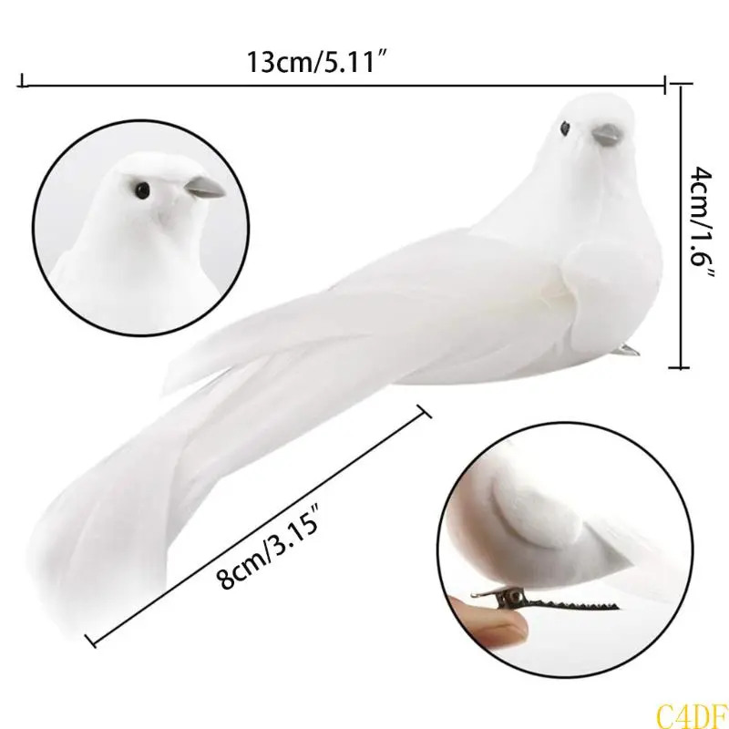 C4DF 12 Pcs Artificial Long Tail Doves Fake Foam Doves with Clips Simulation White Birds Christmas Home Wedding Decorations