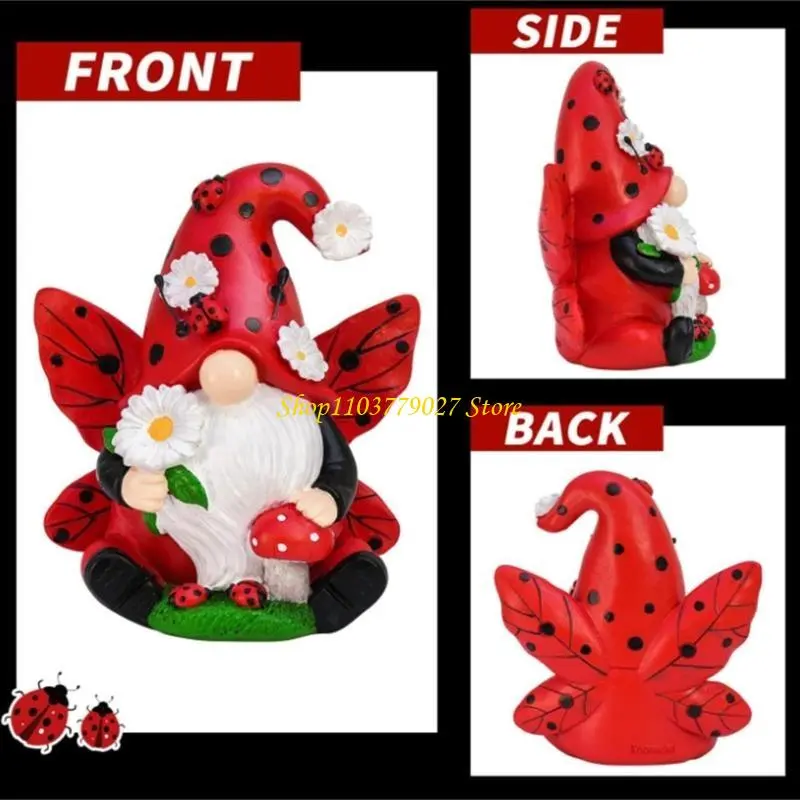 C4DF Resins Ladybird Gnomes Holding Small Flower and Mushroom Figurine Decoration for Garden Yard Patios or Indoor Setting