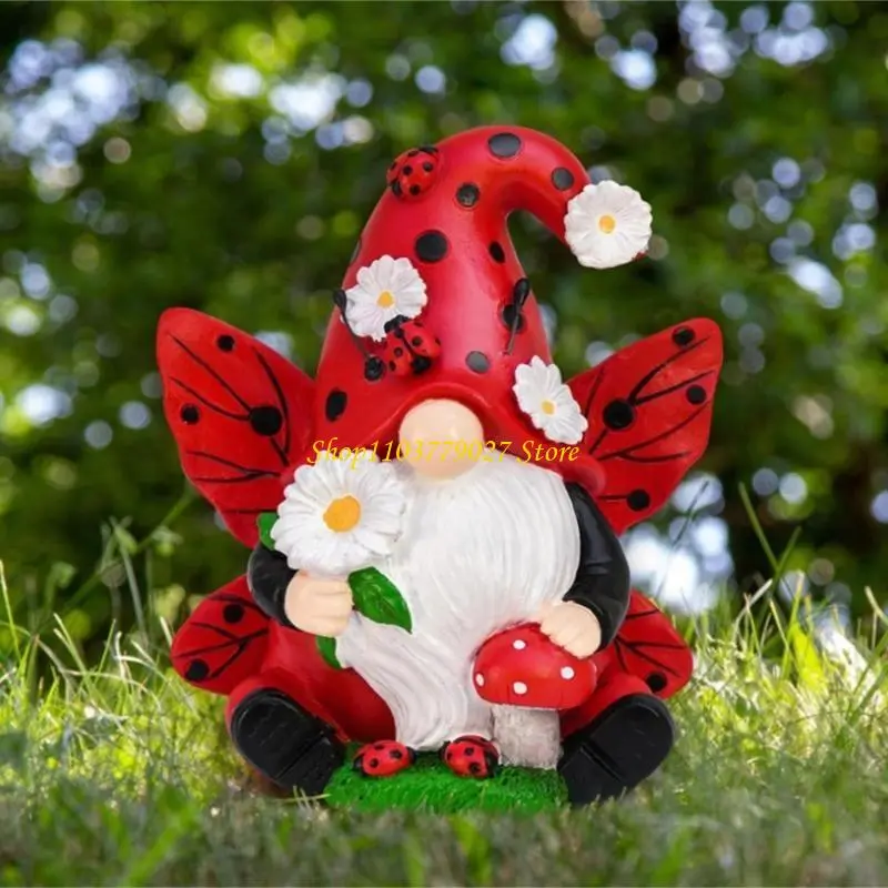 C4DF Resins Ladybird Gnomes Holding Small Flower and Mushroom Figurine Decoration for Garden Yard Patios or Indoor Setting