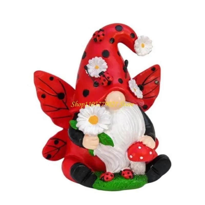 C4DF Resins Ladybird Gnomes Holding Small Flower and Mushroom Figurine Decoration for Garden Yard Patios or Indoor Setting