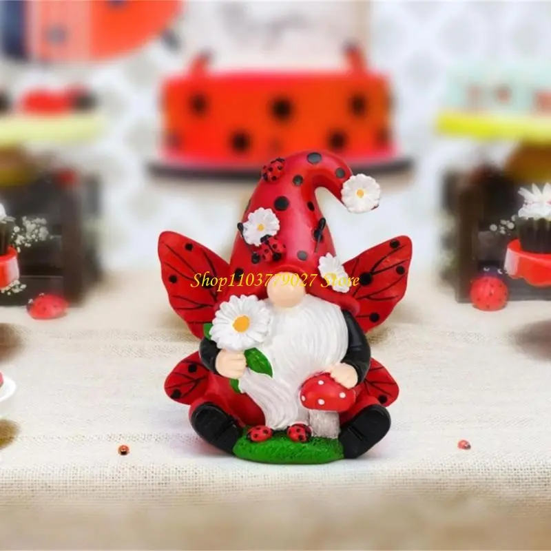 C4DF Resins Ladybird Gnomes Holding Small Flower and Mushroom Figurine Decoration for Garden Yard Patios or Indoor Setting