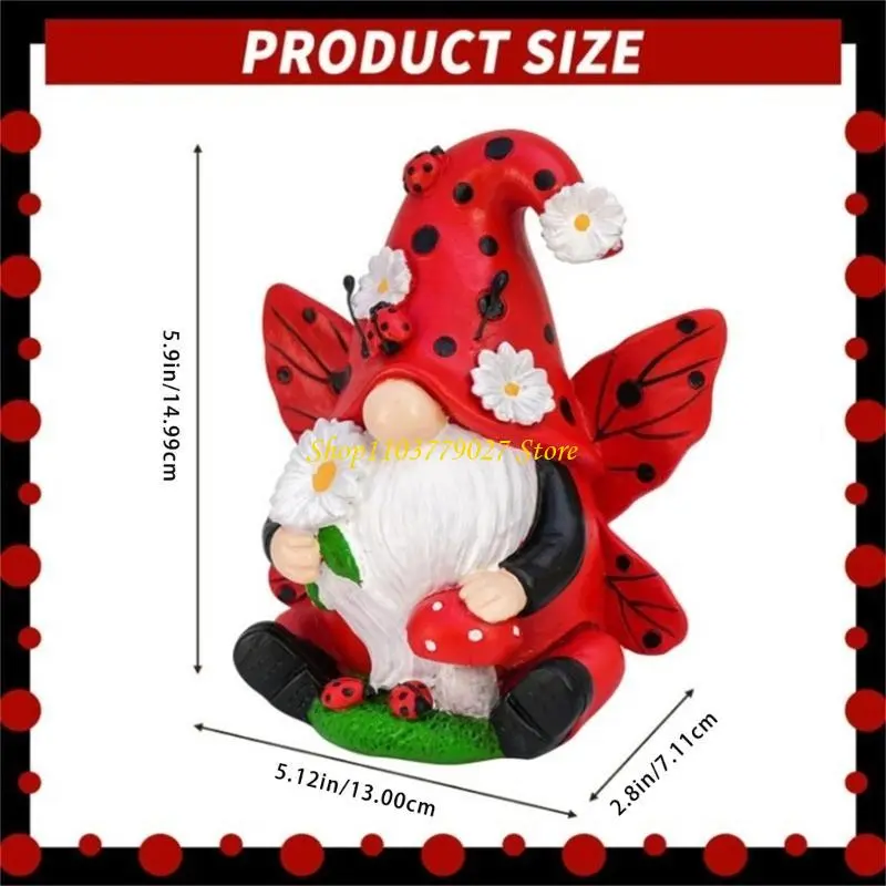 C4DF Resins Ladybird Gnomes Holding Small Flower and Mushroom Figurine Decoration for Garden Yard Patios or Indoor Setting