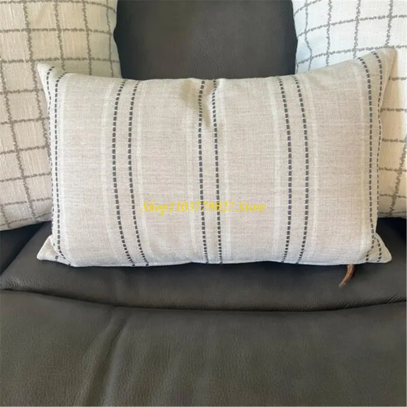 C4DF Pillow Case Striped Linen Cushion Covers with White and Black Stitching