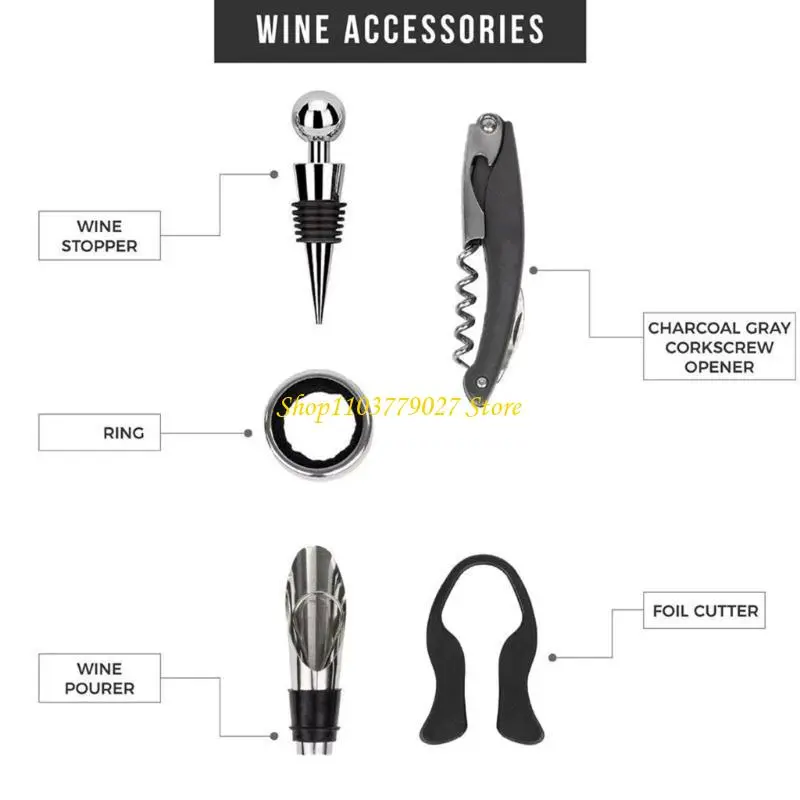 C4DF 5Pcs Luxurious Wine Opener Set Elegant Stainless Steel Wine Tool Set Corkscrew Opener Pourer Wine Tool Wine Accessories