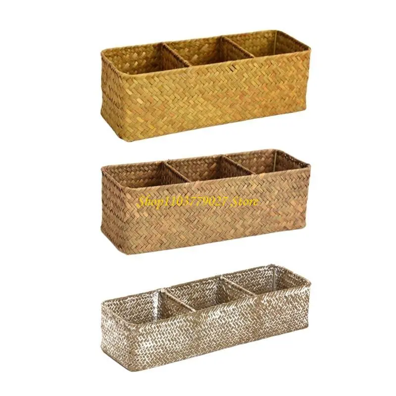 C4DF Sea Grass Storage Box with Multiple Compartments Cosmetics and Office Supplies Holder Handwoven Sea Grass Basket