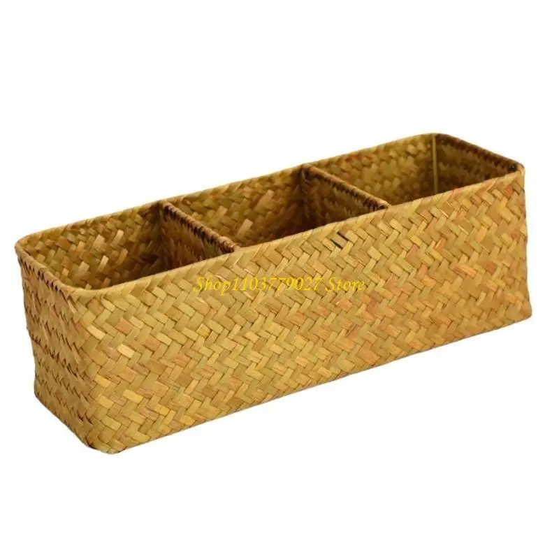 C4DF Sea Grass Storage Box with Multiple Compartments Cosmetics and Office Supplies Holder Handwoven Sea Grass Basket