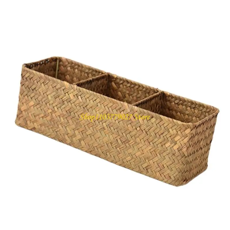 C4DF Sea Grass Storage Box with Multiple Compartments Cosmetics and Office Supplies Holder Handwoven Sea Grass Basket