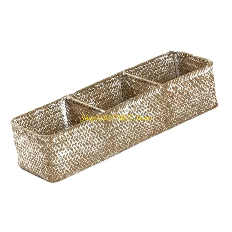 C4DF Sea Grass Storage Box with Multiple Compartments Cosmetics and Office Supplies Holder Handwoven Sea Grass Basket