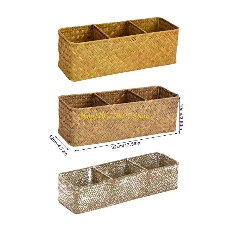 C4DF Sea Grass Storage Box with Multiple Compartments Cosmetics and Office Supplies Holder Handwoven Sea Grass Basket