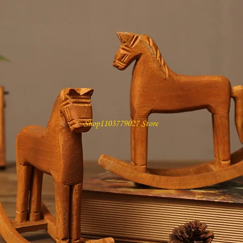 C4DF Antique Inspireds Wooden Rocking Horse Desktop Sculpture Durable Home Office Table Decoration