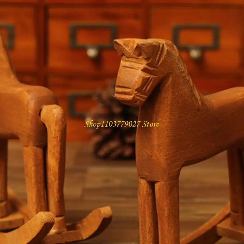 C4DF Antique Inspireds Wooden Rocking Horse Desktop Sculpture Durable Home Office Table Decoration
