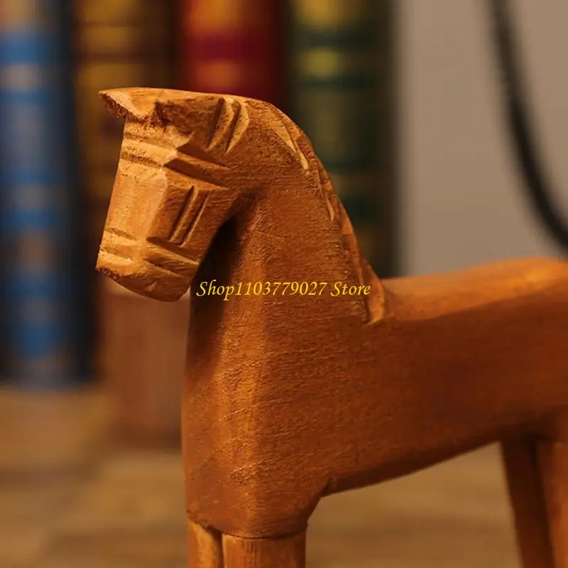 C4DF Antique Inspireds Wooden Rocking Horse Desktop Sculpture Durable Home Office Table Decoration