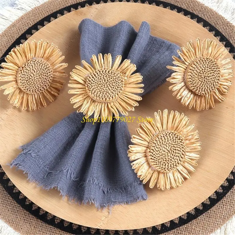 C4DF 6Pieces Handmade Sunflowers Napkin Rings Natural Dining Decorating Accent