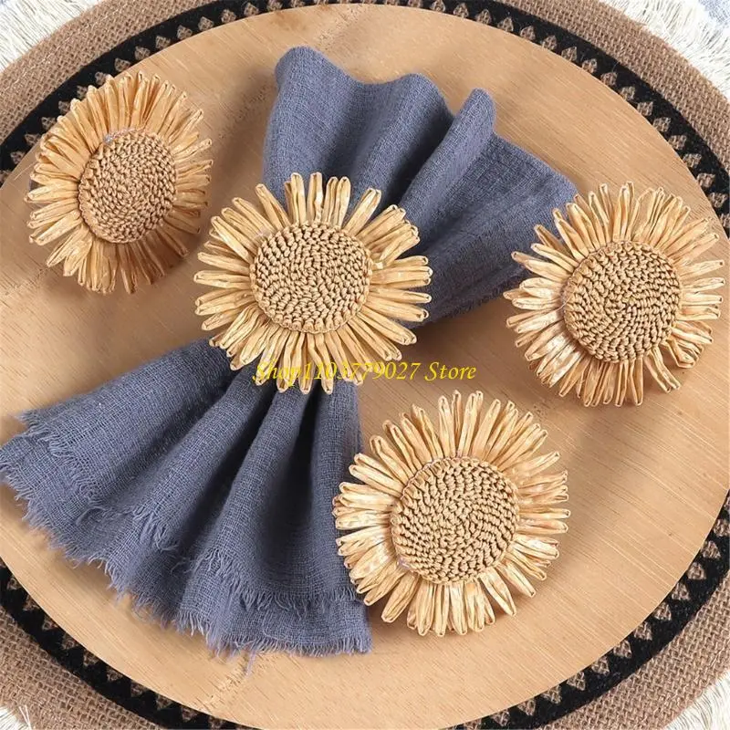 C4DF 6Pieces Handmade Sunflowers Napkin Rings Natural Dining Decorating Accent