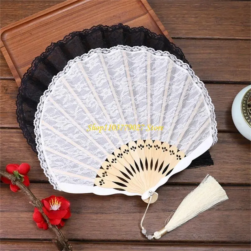 C4DF Handmade Bamboos Ribs Embriodery Hand Laces Fan Bride Wedding Battenburg Laces Fan