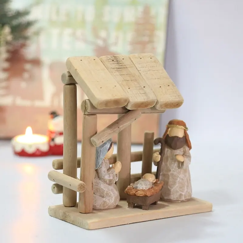 Christ Nativity Resin Statue House Scene Manger Holy Figure Statue Ornament Crafts for Home Bedroom Room Decor