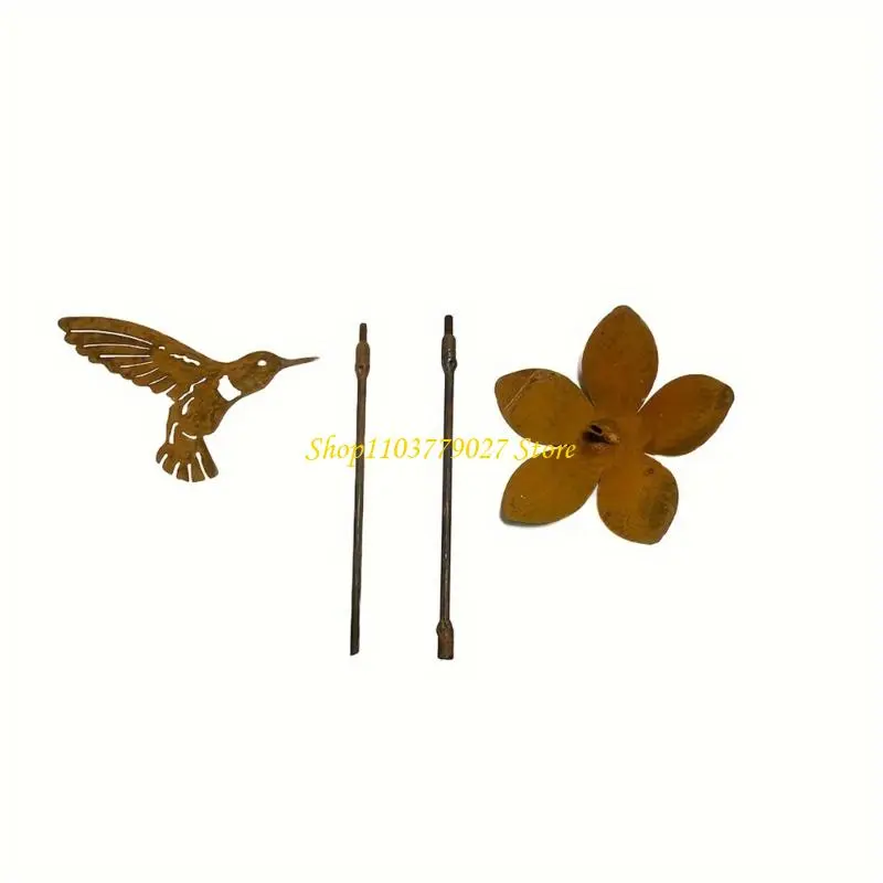 C4DF Antique Hummingbird Flower Yard Stake Outdoor Yard Decoration Rusty Garden Stake