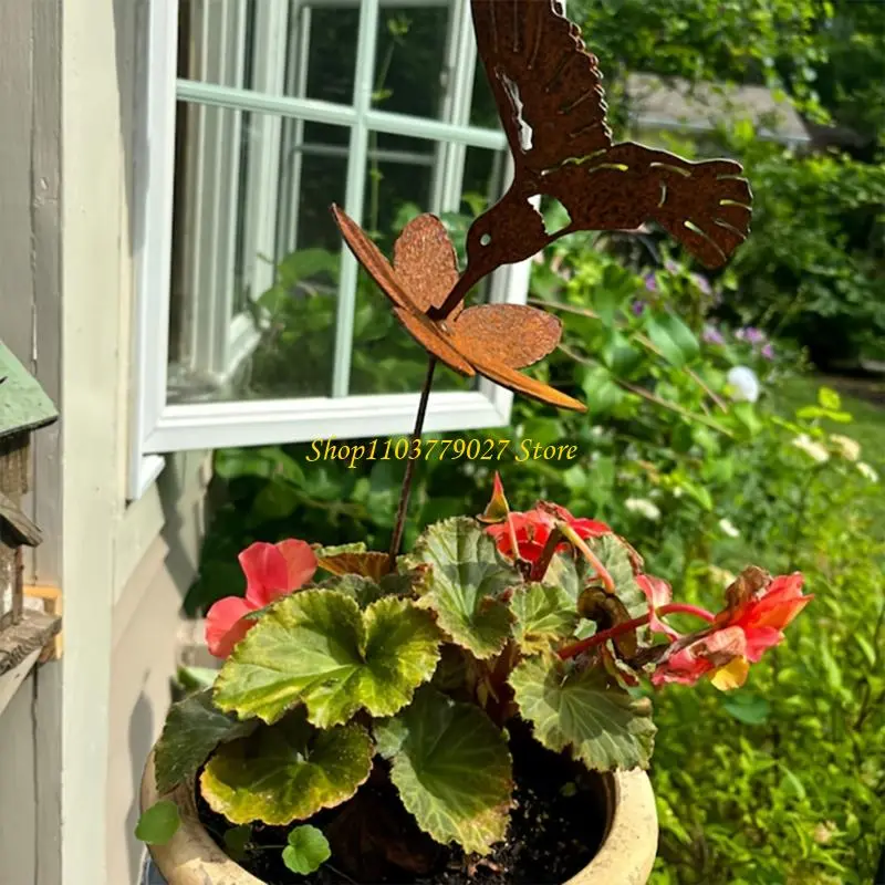 C4DF Antique Hummingbird Flower Yard Stake Outdoor Yard Decoration Rusty Garden Stake